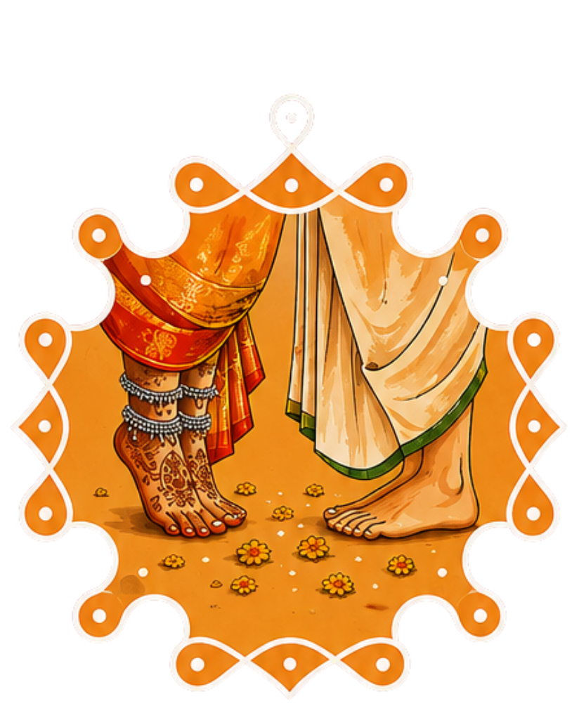 Traditional wedding feet ritual with kolam and diyas